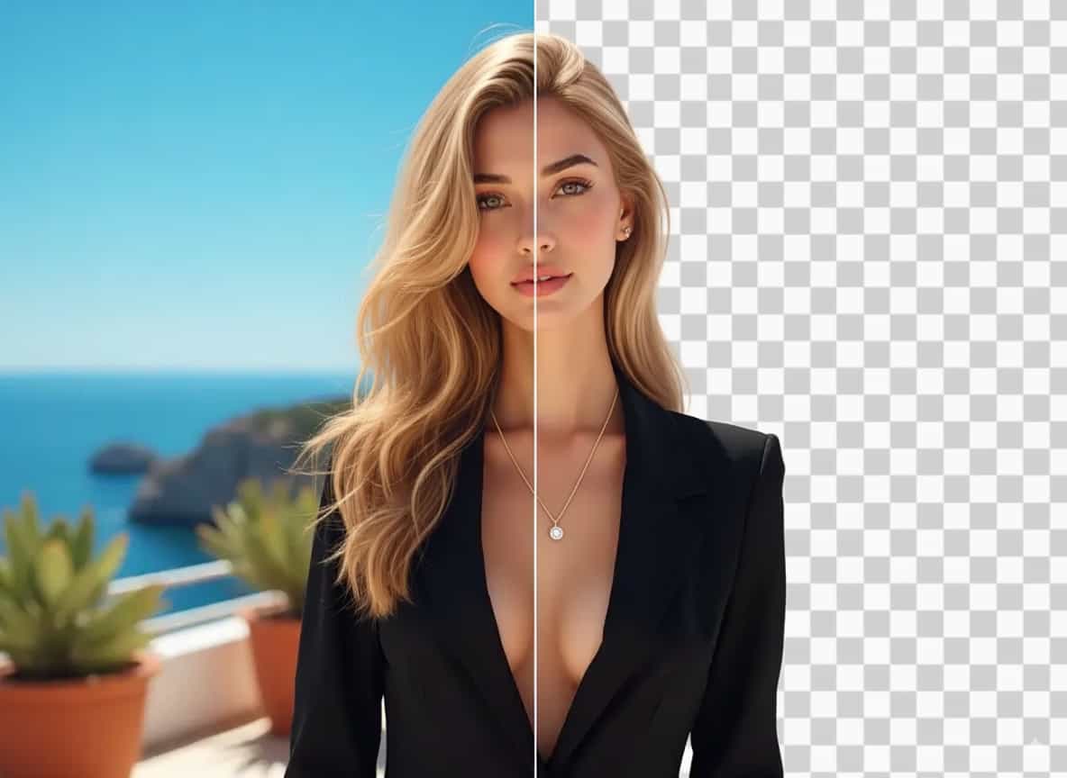 Example of a person's photo with the background removed, showing a transparent background.