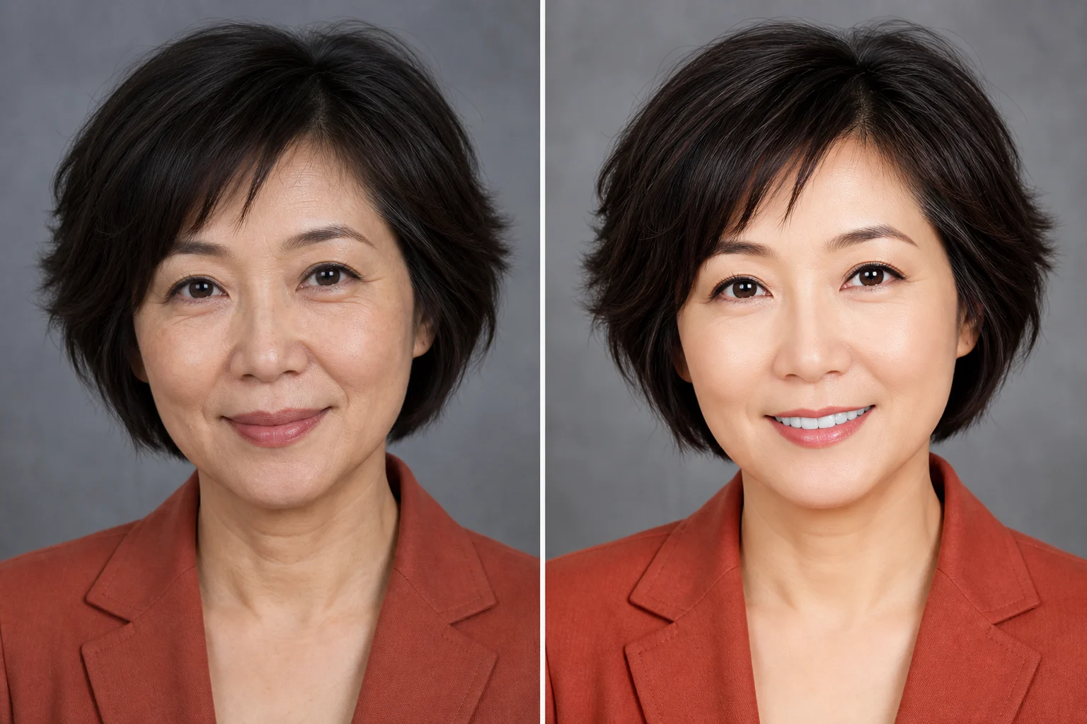 Natural headshot editing with visible skin texture on the left and excessive smoothing, whitening, and saturation on the right