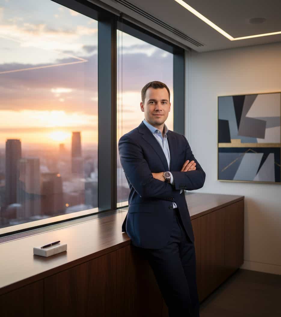 Casual modern workspace pose with laptop and natural daylight.