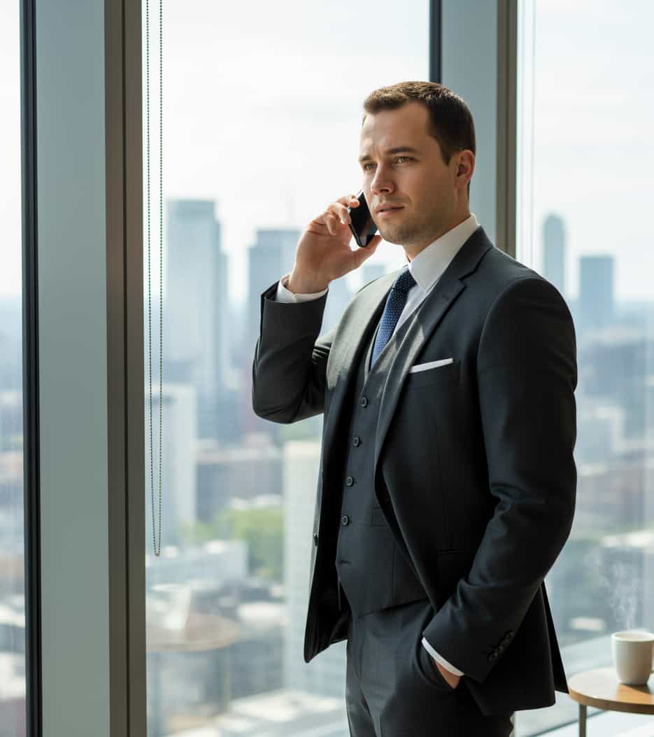 Outdoor urban professional portrait with soft ambient city background.