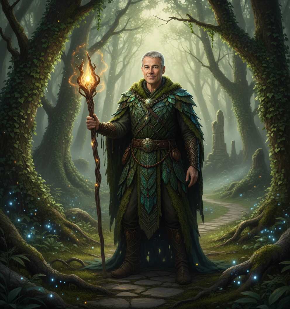 The Ancient Forest Guardian, cloaked in moss and light, embodies primeval wisdom within a sun-dappled clearing.