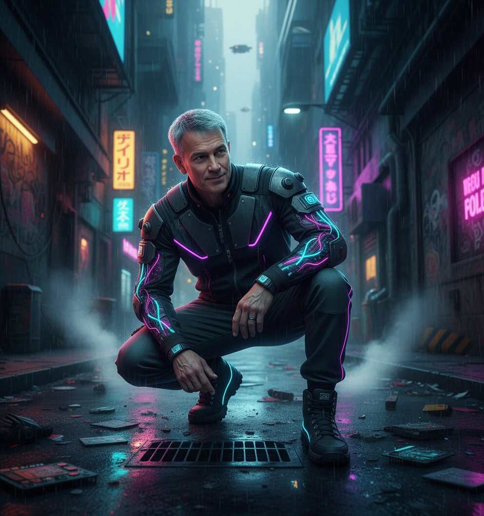 The Urban Cyber-Rogue navigates a rain-slicked, neon-drenched alley, a silhouette of defiance against the megacity.