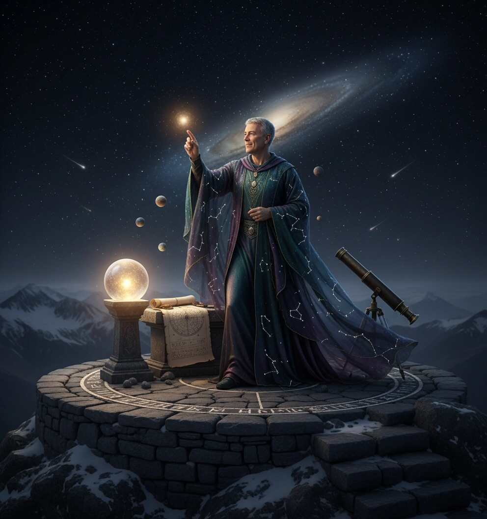 A Serene Celestial Stargazer Oracle communes with the cosmos from a mountaintop observatory, robes shimmering like starlight.