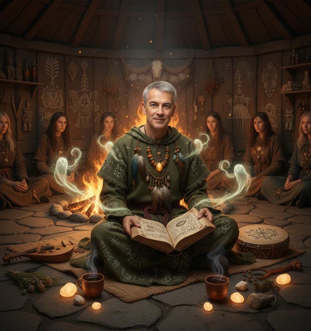 The Spirit-Bound Folklorist shares ancient tales, surrounded by glowing wisps and the warmth of timeless lore.