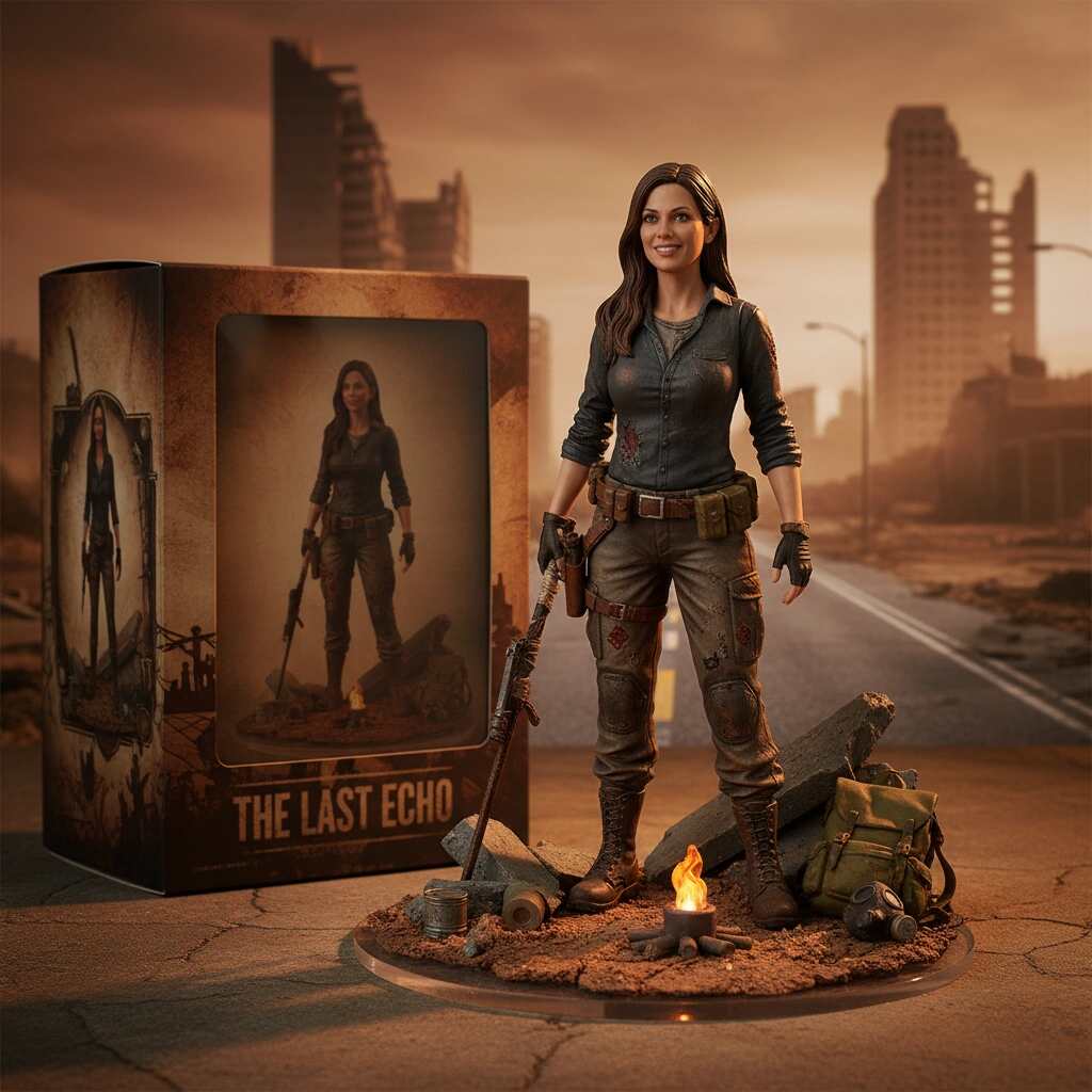 Cosplay figurine of a streamer mech hero with neon lighting.