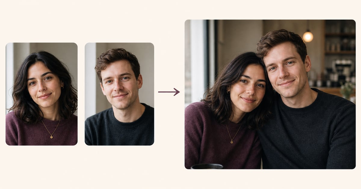 Two separate source portraits becoming one generated cafe couple photo