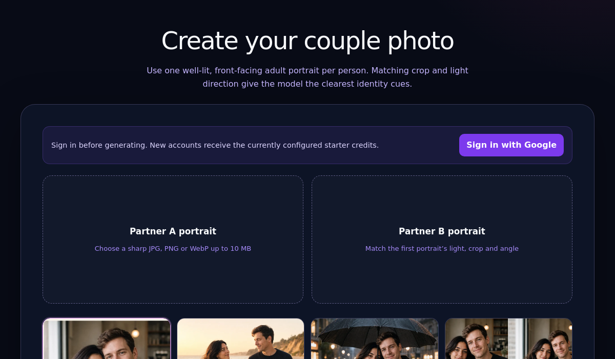 Tryaiphoto two-person upload interface with Partner A and Partner B portrait fields and four couple styles