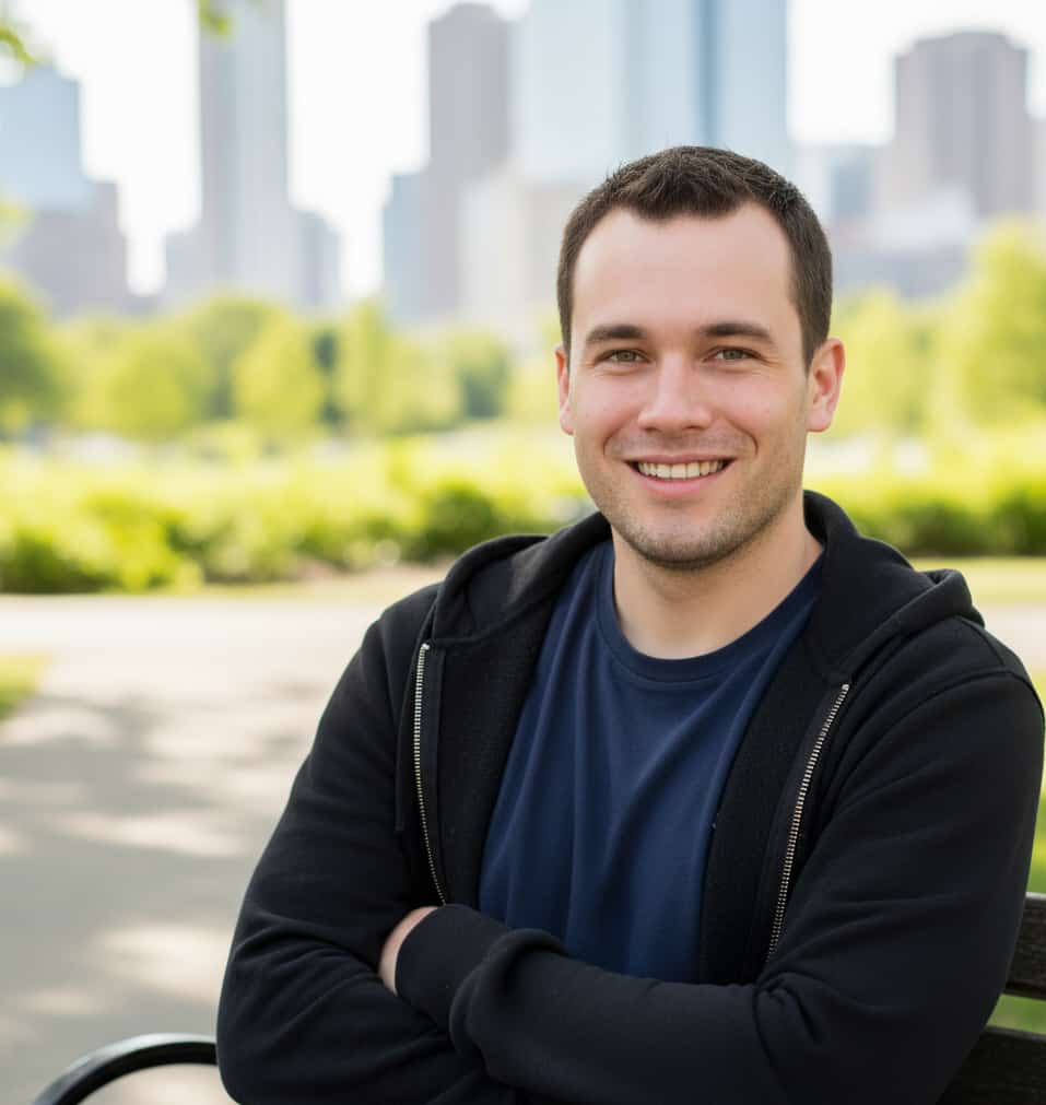 Jonas P. original portrait; neutral tee.