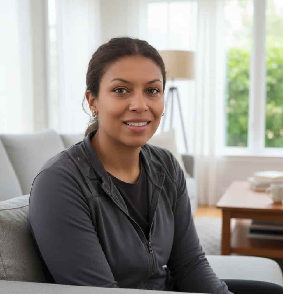 Simone M. original portrait by window light; neutral background, relaxed smile.