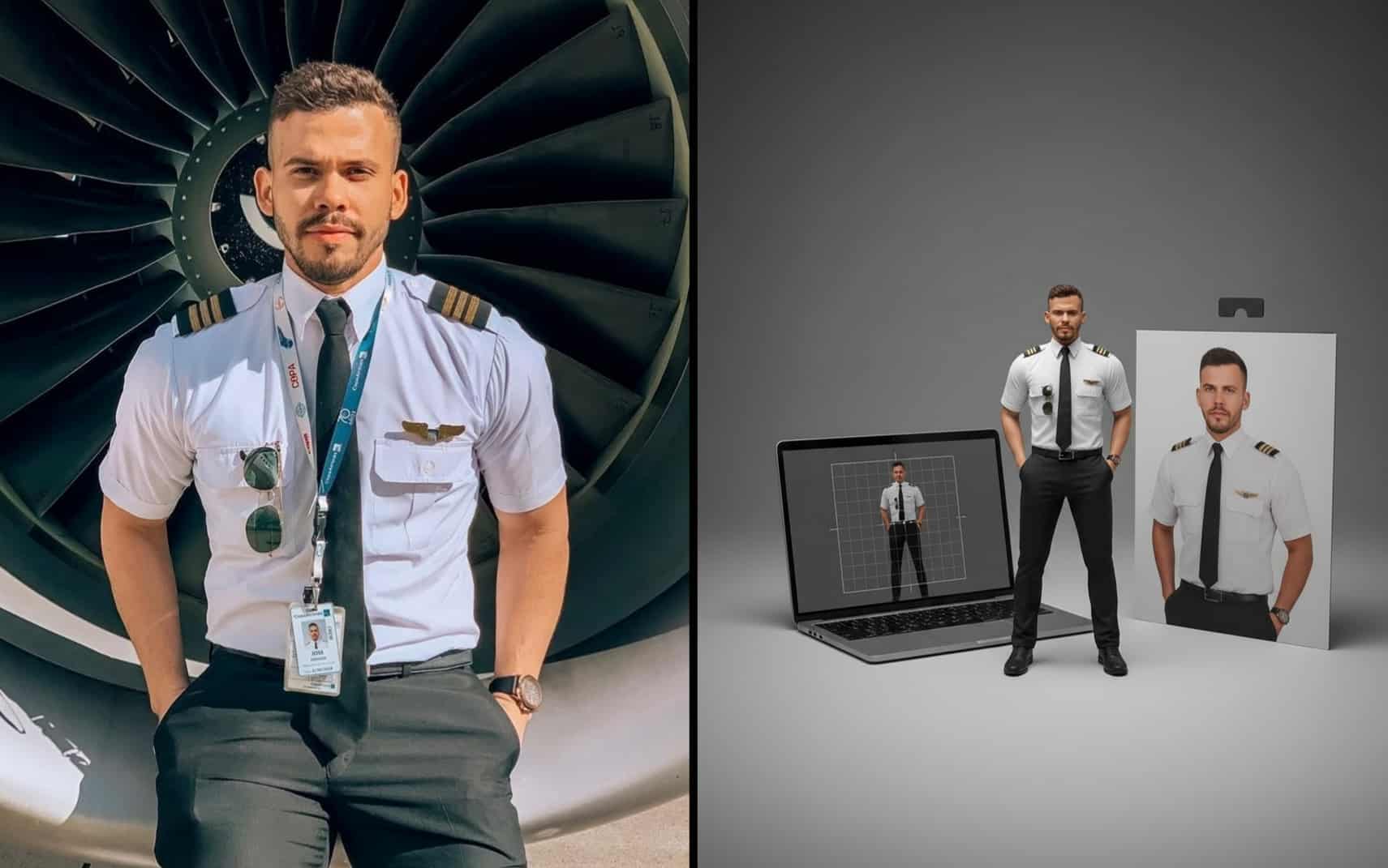 AI figurine turning a pilot's selfie into a stylized collectible with an airplane background.