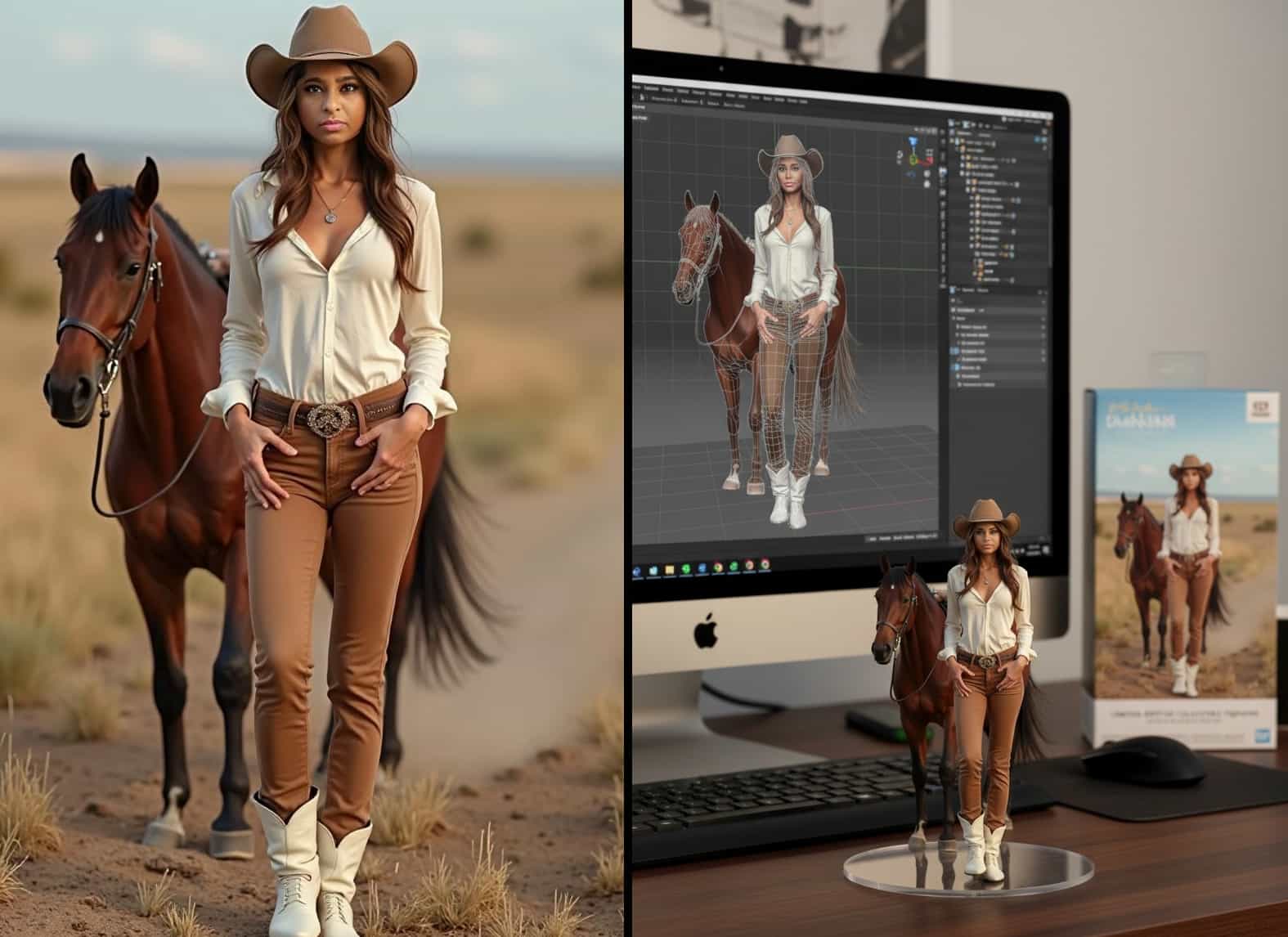 Heartwarming AI figurine of a woman affectionately posing with her horse.