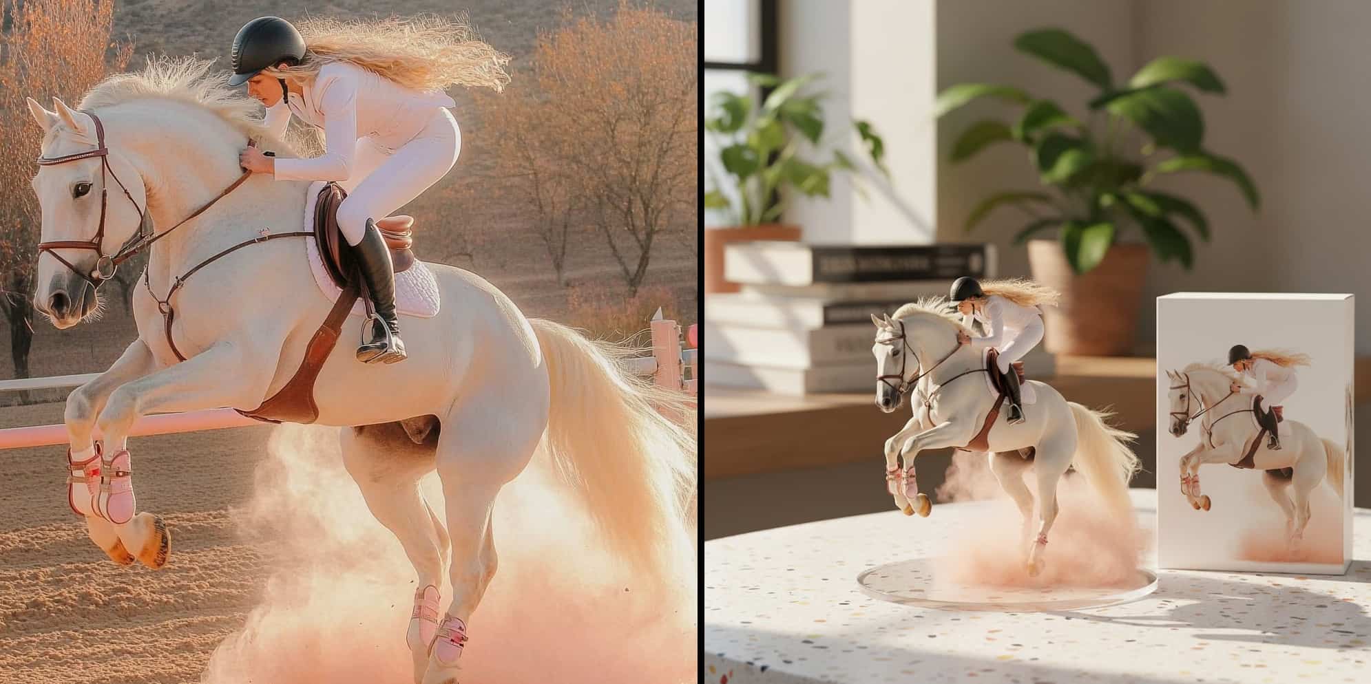 Custom AI figurine of a woman riding a horse, created from a photograph.
