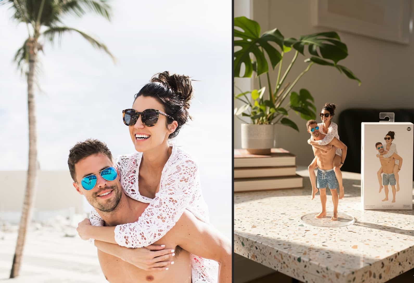 Romantic AI figurine of a couple on a beach, perfect for an anniversary or wedding gift.