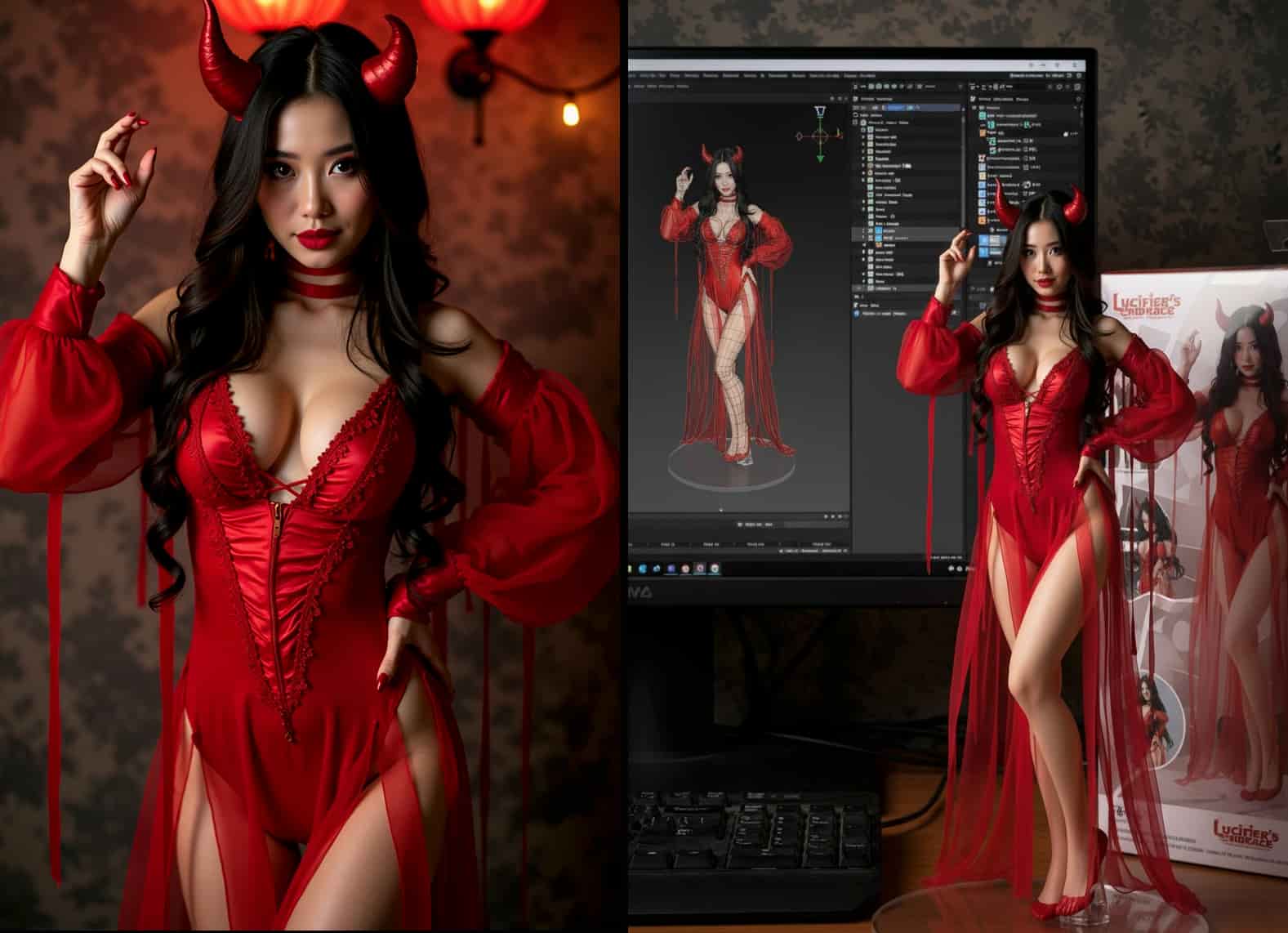 AI figurine of a woman in a fun and sexy Halloween devil costume.