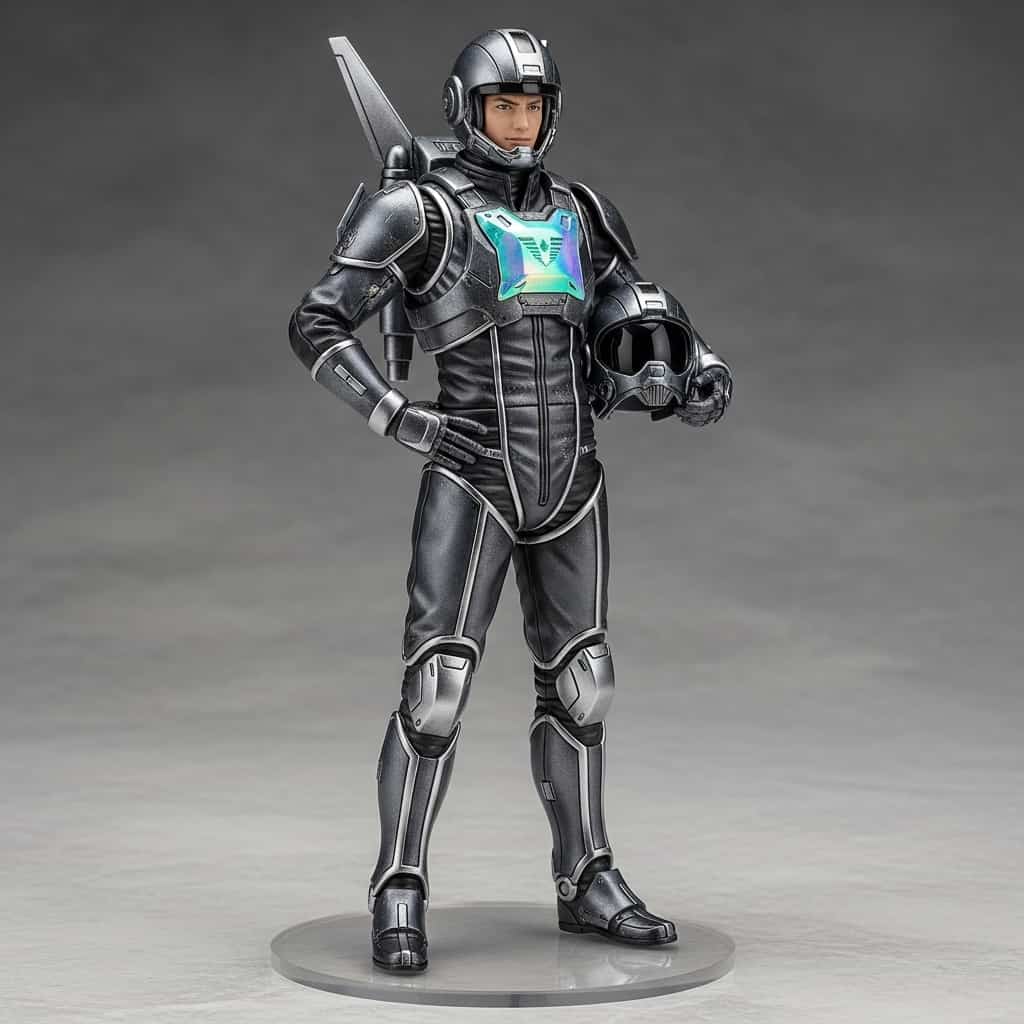 Custom AI figurine of a stealth agent in tactical gear, highlighted with dramatic studio lighting.