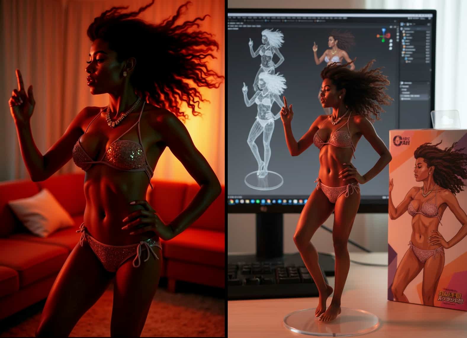 AI figurine capturing the festive energy of a woman at a party with confetti.