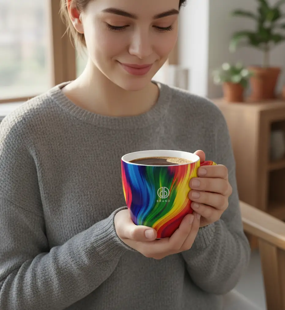 AI Generated Person Using Coffee Mug in Different Setting